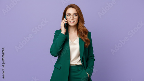 Woman in green suit talking on mobile phone against purple background.