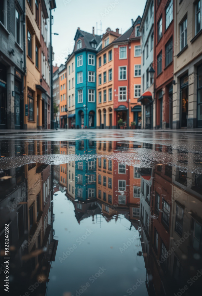 Obraz premium Reflections of colorful architecture in rainy cobblestone streets historic district urban landscape low angle view