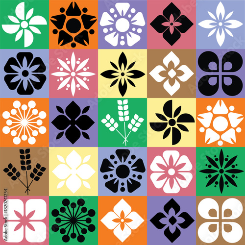 Various design of graphic flower on square color background.