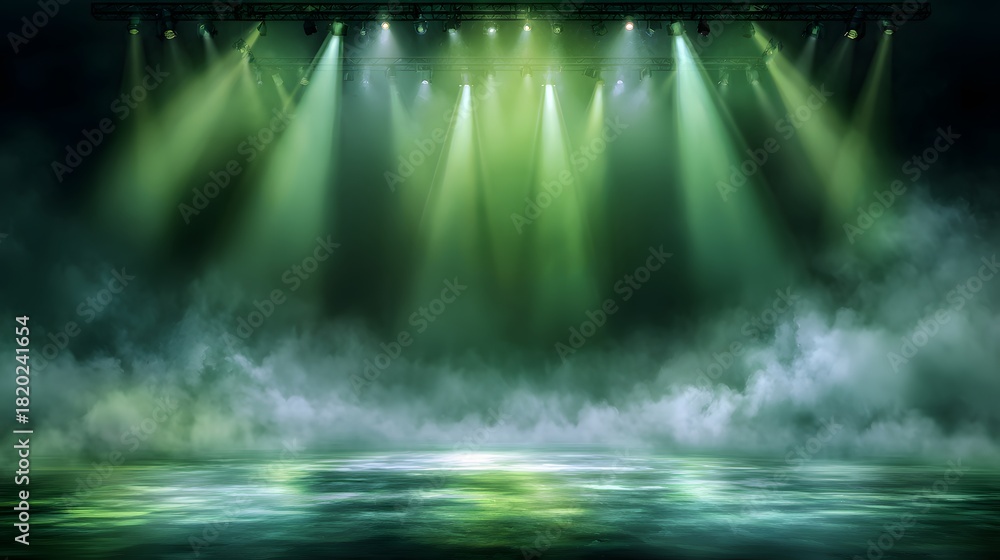 Obraz premium Illuminated stage beams cut through low-lying atmospheric haze creating an intense visual effect