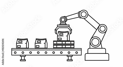 Industrial robot arm working on an automated conveyor system in a modern smart factory