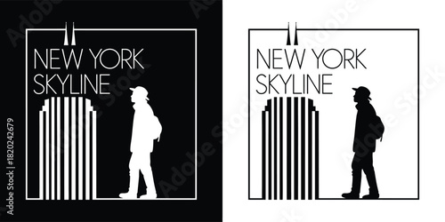 Silhouette of a person looking at the new york skyline within a square frame, presented in both black and white versions