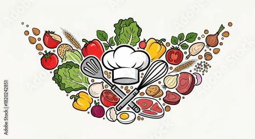 A variety of food ingredients and cooking utensils arranged around a chef's hat