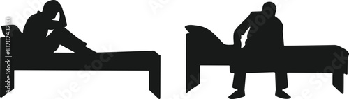 Silhouette illustration of people sitting on beds showing emotional states, rest, and morning routine in vector graphic style.