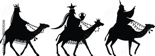 Three Wise Men (Magi or Kings) riding camels silhouettes vector set, representing the Epiphany and Nativity scene journey for Christmas holiday designs.