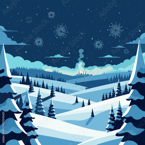 Winter landscape illustration featuring snow-covered hills, pine trees, distant city with smoke, fireworks, snowflakes, and clouds against a dark blue night sky.