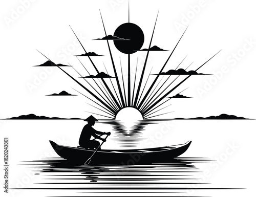 Fisherman Rowing Boat on Sunrise Lake – Black and White Silhouette Vector Art