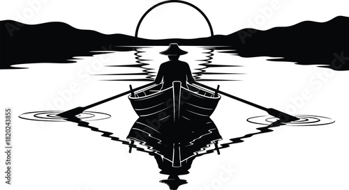 Fisherman Rowing Boat on Sunrise Lake – Black and White Silhouette Vector Art