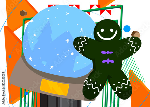 Snow Globe and Gingerbread Man Christmas Cookie geometrical graphic retro theme background. Minimal geometric elements. Vintage abstract shapes vector illustration.