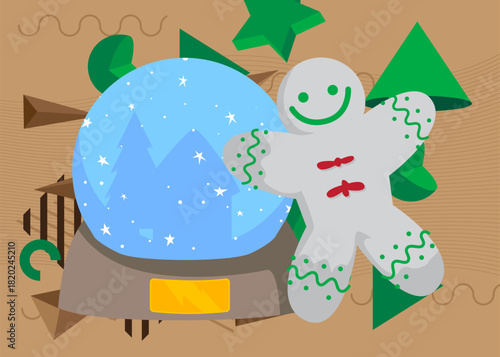 Snow Globe and Gingerbread Man Christmas Cookie geometrical graphic retro theme background. Minimal geometric elements. Vintage abstract shapes vector illustration.