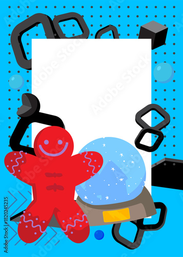 Snow Globe and Gingerbread Man Christmas Cookie geometrical graphic retro theme background. Minimal geometric elements. Vintage abstract shapes vector illustration.