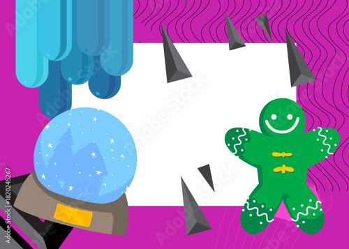 Snow Globe and Gingerbread Man Christmas Cookie geometrical graphic retro theme background. Minimal geometric elements. Vintage abstract shapes vector illustration.