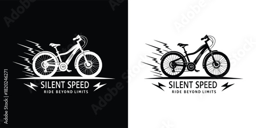 Black and white graphic illustration of an electric bicycle with silent speed text and lightning bolts, representing speed and ecofriendly transport