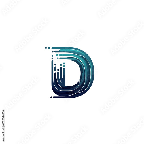 Abstract letter D logo with blue gradient lines and digital effect on white background.
