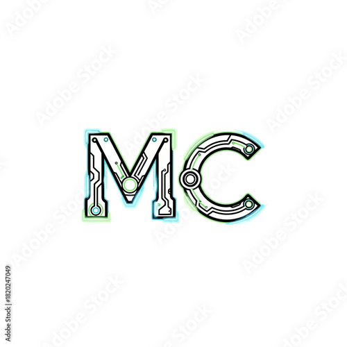 Stylized 'MC' logo with circuit board design, outlined in blue and green.