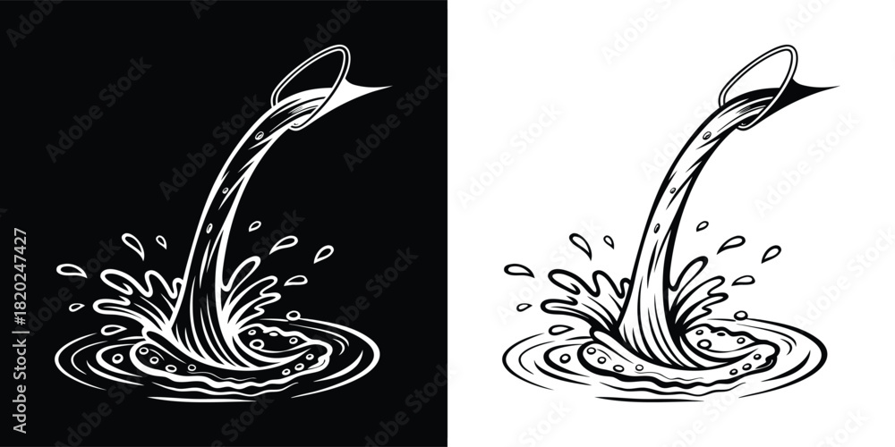 Obraz premium Liquid pouring from a tilted container creating a splash, artistic representation of flow and movement, black and white sketch