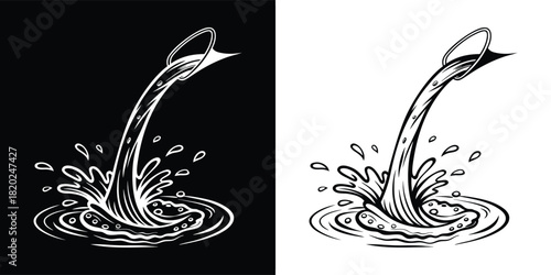 Liquid pouring from a tilted container creating a splash, artistic representation of flow and movement, black and white sketch