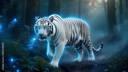 Cinematic White Tiger with blue aura walking in calm forest – Ultra realistic wildlife