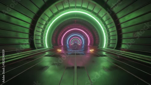 Abstract tunnel with neon lights and reflective surface