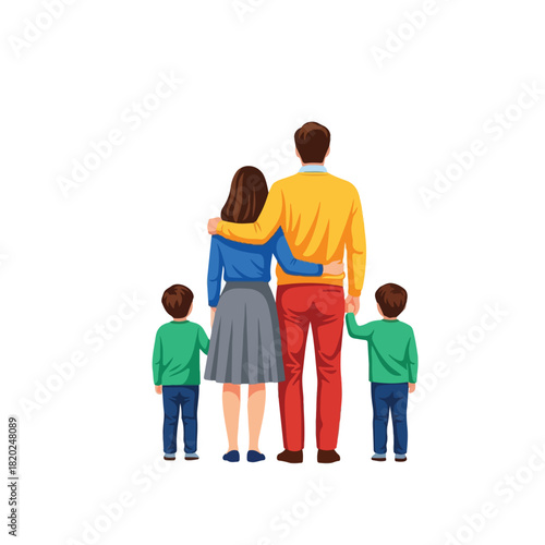 A family of four, father, mother and two children, standing together looking at the view