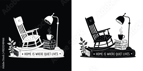 Cozy rocking chair with a lamp and coffee, creating a warm and inviting atmosphere for relaxation and comfort