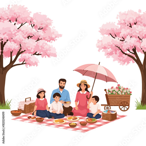 A Happy Family Enjoys a Spring Picnic Under Blooming Cherry Blossom Trees with a Basket Full of Food and Drinks