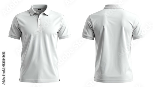 Front and back views of a plain white collared polo shirt, isolated on a black background (1)