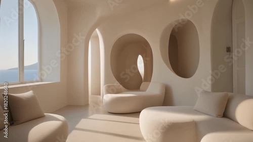 Minimalist arched living room in soft beige tones with sculptural seating and diffused window light.