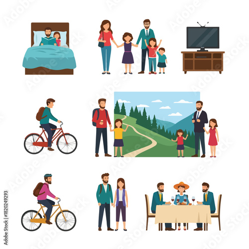 Collection of illustrations depicting diverse family activities and moments, from everyday routines to leisure pursuits