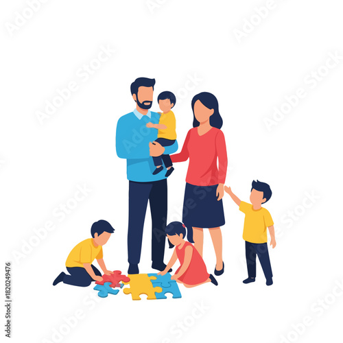 Happy Family Assembling Puzzle Together Promoting Teamwork and Cognitive Skills