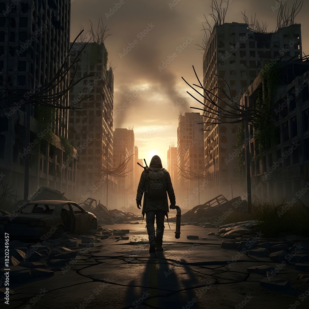 Fototapeta premium A lone survivor walks through a ruined city after an apocalyptic event has occurred