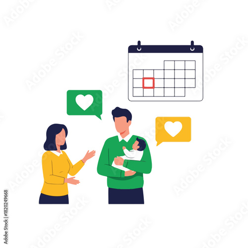 Family planning concept, parents with baby and calendar, showing future planning and important dates