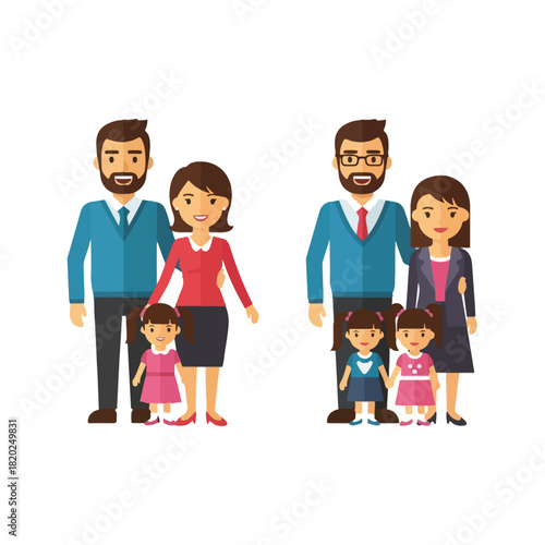 Happy family standing together, parents with two daughters in casual clothes