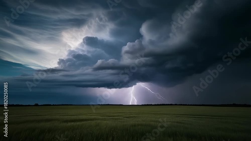 Dramatic storm clouds with lightning over rural field landscape