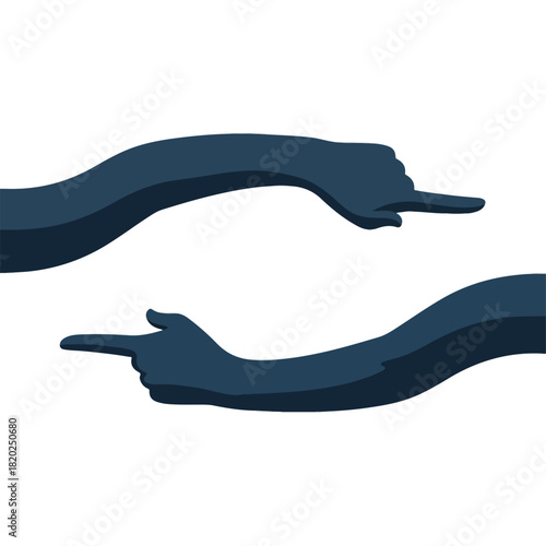 Two dark blue shadowy hands pointing left and right in opposite directions on a white background