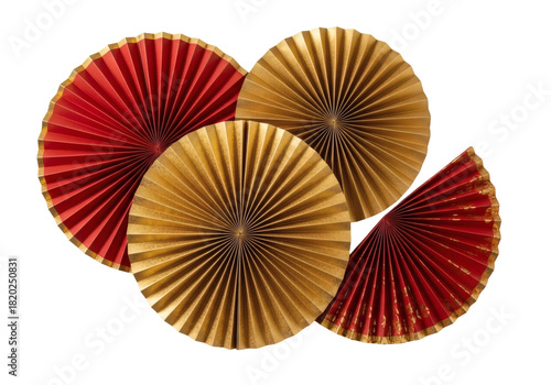 Elegant golden and red paper fans for festive celebrations, adding a touch of vibrant tradition to your party decor with a touch of Asian flair