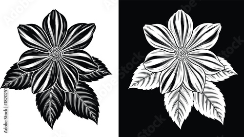 Black and white flower vector illustration, vintage engraving style bloom with leaves, floral stencil design, inverted monochrome botanical sketch for logo or tattoo art