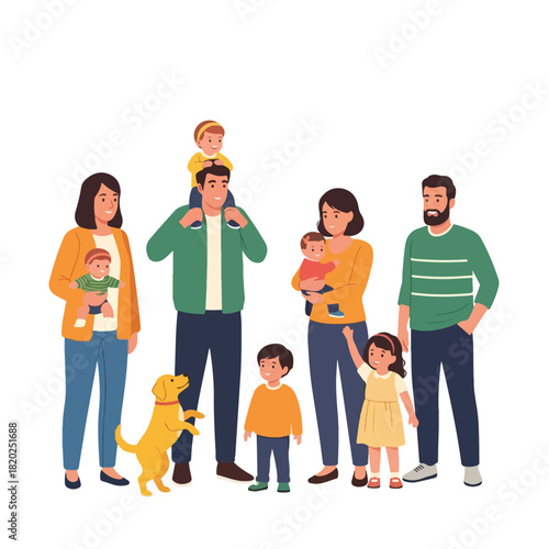 Diverse Family with Dog illustration, celebrating togetherness and familial bond