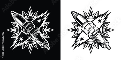 A detailed illustration of a spark plug with a starburst background, symbolizing ignition, power, and automotive mechanics