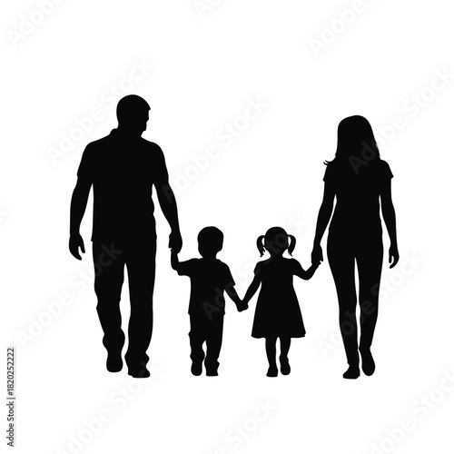 Silhouette of a family with two children walking hand-in-hand, symbolizing unity and togetherness