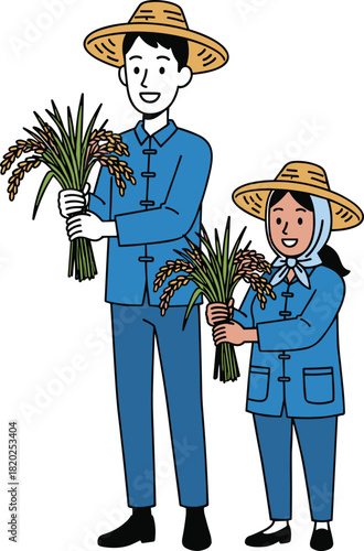 Cartoon farmers harvesting rice, traditional clothing, straw hats, smiling faces, rural agriculture, Asian culture, rice bundle, teamwork, field work, farming lifestyle, illustration