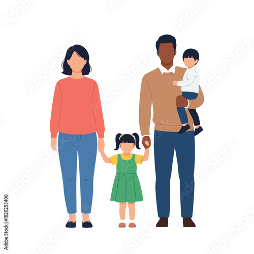 Happy multicultural family with father holding son and mother with daughter standing together
