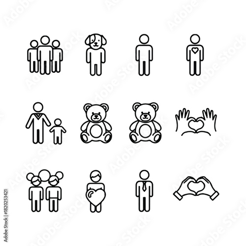Icons of family, love, and human connection in different settings and representations