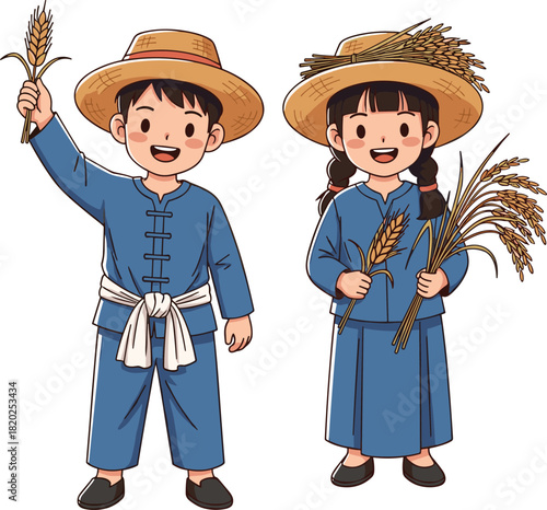 Cartoon farmers with wheat, traditional harvest scene, smiling boy and girl, rural lifestyle illustration, child-friendly vector, agricultural celebration, farming culture, educational artwork