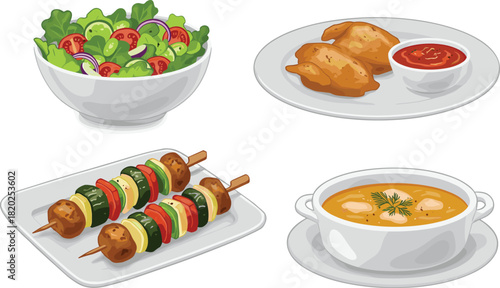 Cartoon food illustration, salad bowl, fried snacks, grilled skewers, creamy soup, colorful dishes, international cuisine, tasty meals, food variety, cooking concept, restaurant menu