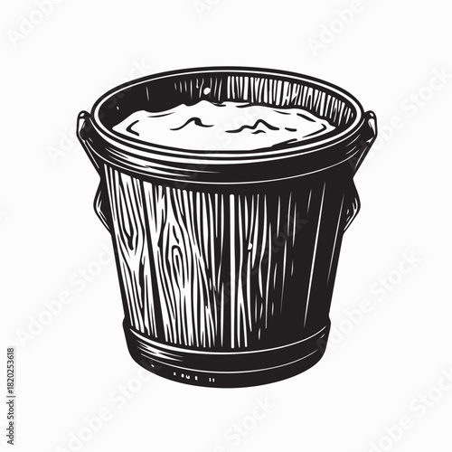 Old Wooden Bucket Filled with Natural Yogurt Vector on white background