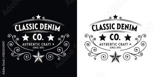 Classic denim co authentic craft since 1976 logo, vintage badge, distressed style, black and white