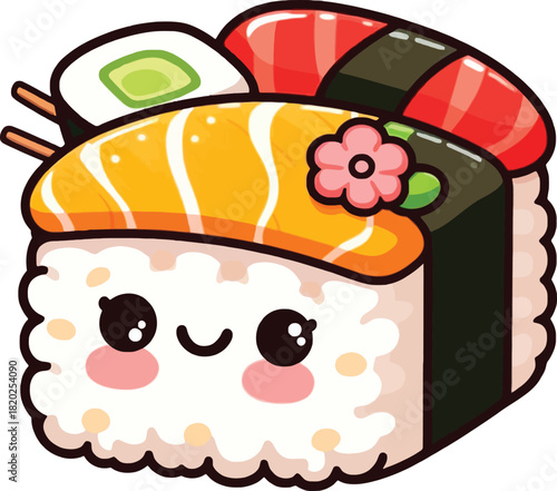 Cute Kawaii Sushi Character Illustration, Adorable Japanese Food Icon with Salmon and Tuna, Smiling Sushi Roll with Flower Decoration