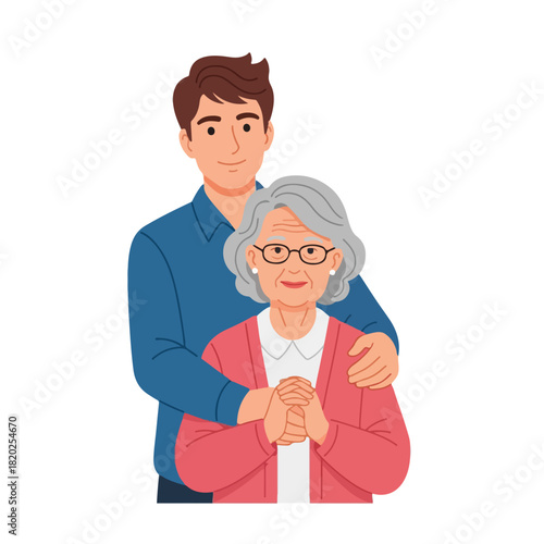 Young man affectionately embracing an elderly woman, representing care and familial bonds
