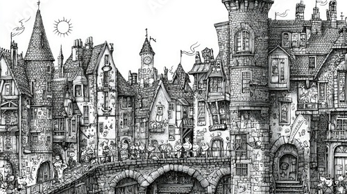 Fototapeta Naklejka Na Ścianę i Meble -  A detailed black and white illustration of a bustling medieval town with whimsical architecture, a stone bridge, and small, cheerful characters. The sun is shin